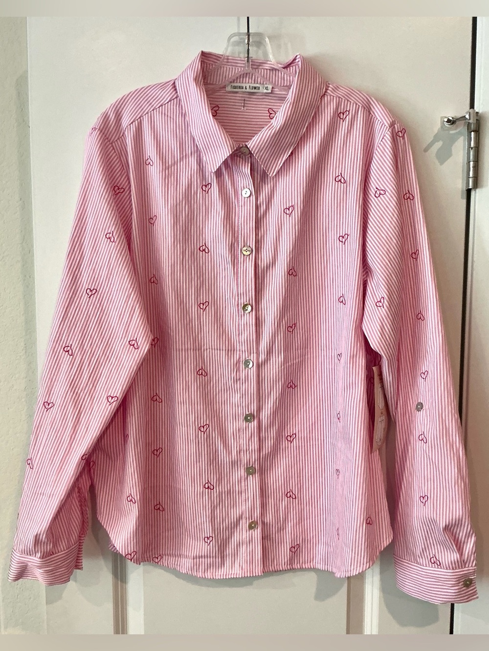 Figueroa & Flower Pink Striped Heart Embroidered Button-Down Shirt NWT XL